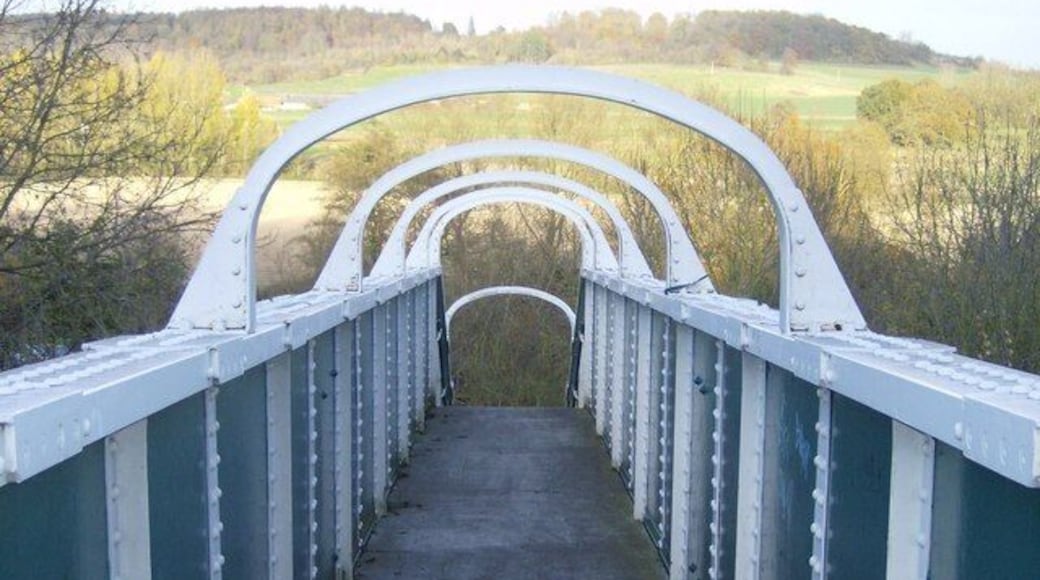 Railway footbridge by the Roebuck Hotel This view is north. The bridge runs off the Oxford Road to the south on the level, with a steep drop beyond the railway down to the River Thames. On the north bank, rural Oxfordshire. Park Wood and Chazey Wood, in the next squares, can be seen.