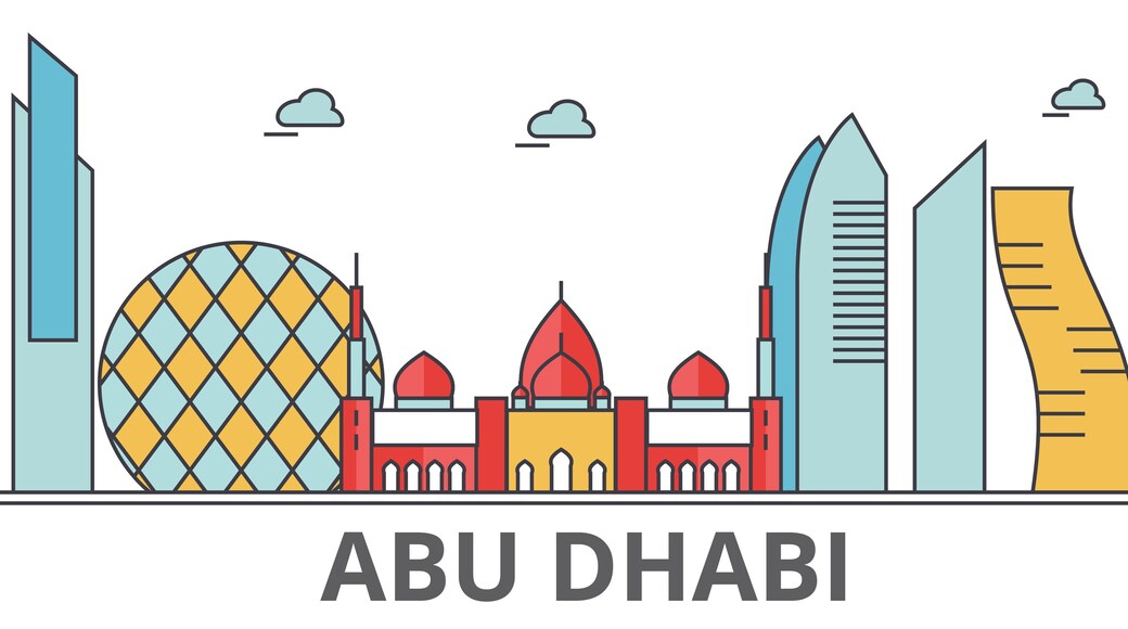 Abu Dhabi city skyline: buildings, streets, silhouette, architecture, landscape, panorama, landmarks. Editable strokes. Flat design line vector illustration concept. Isolated icons on white background
