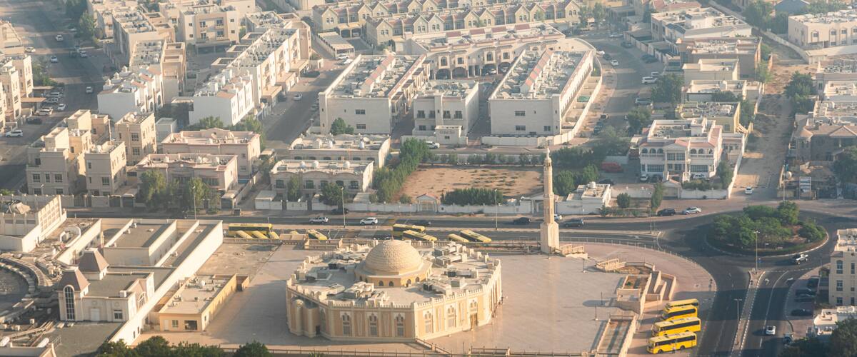 Aerial view of Mirdif Grand Mosque in Dubai