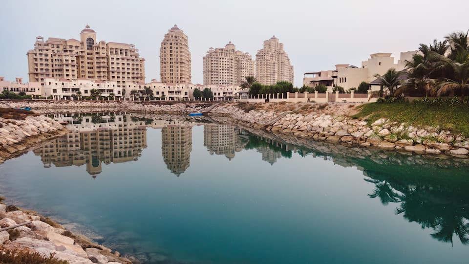 September 16, 2017 - Al Hamra Village in Ras al Khaimah, United Arab Emirates. Modern arabian district area with apartment buildings, palms and hotels in Persian gulf.