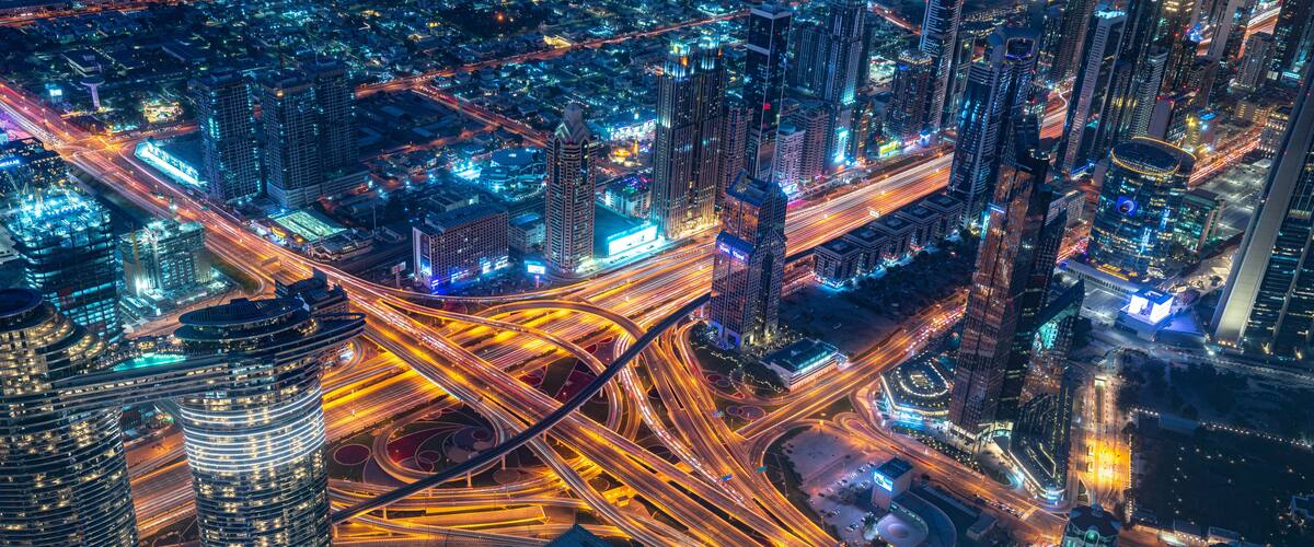Dubai, United Arab Emirates - February 19, 2020 : Aerial View Of Skyscraper Building At Night