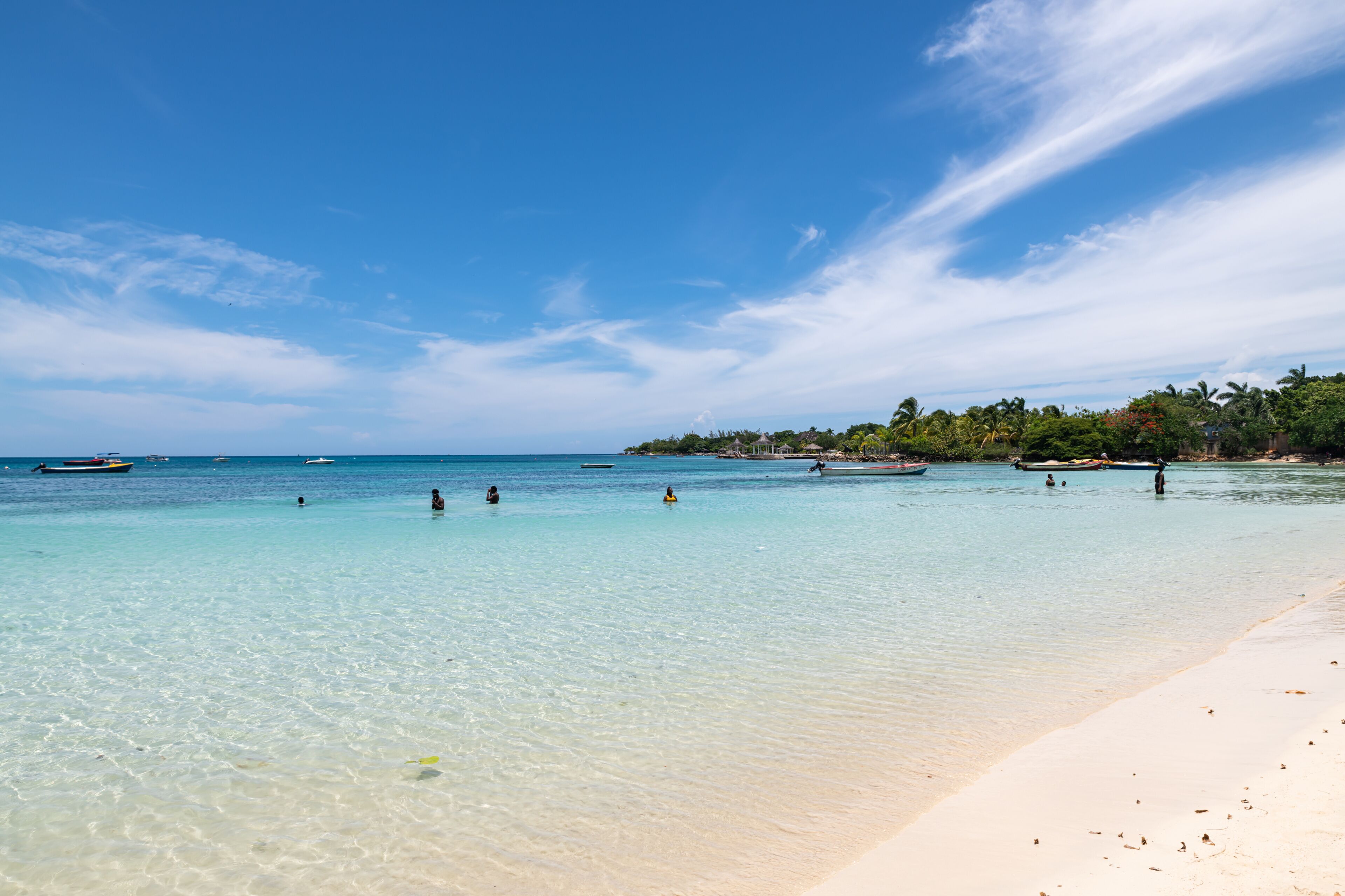 Una playa tropical con agua turquesa cristalina, una orilla arenosa y un exuberante follaje con palmeras al fondo.