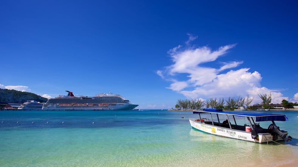 A cruise ship docked at a beach with clear turquoise water and a small boat in the foreground.