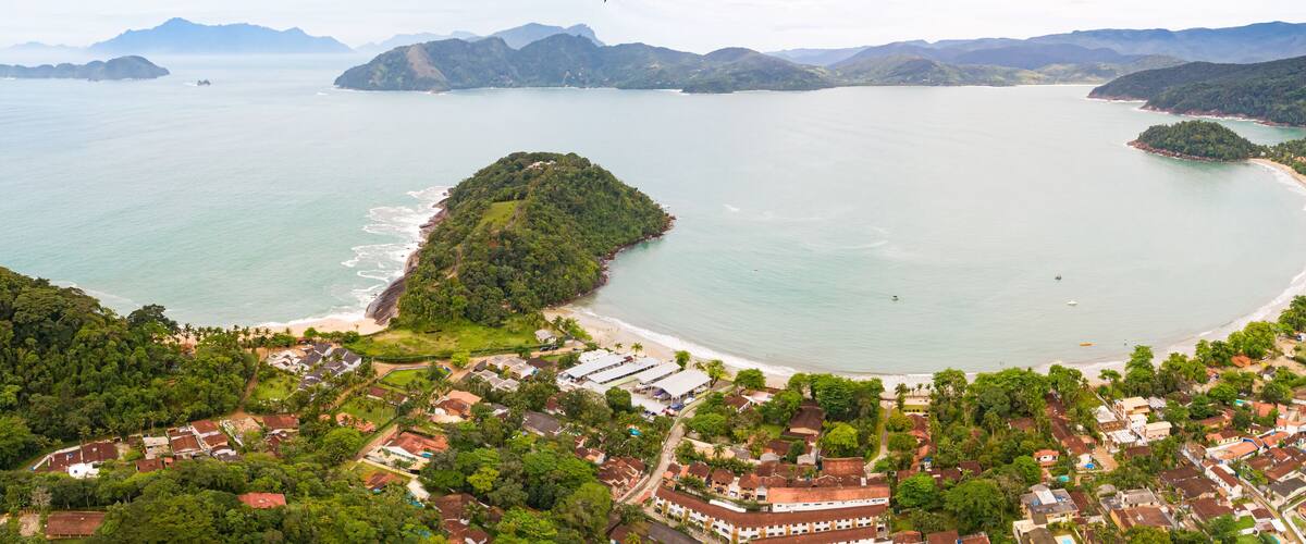 Aerial view panorama of town and Praia do Lázaro (Lazaro beach), Ubatuba, Brazil