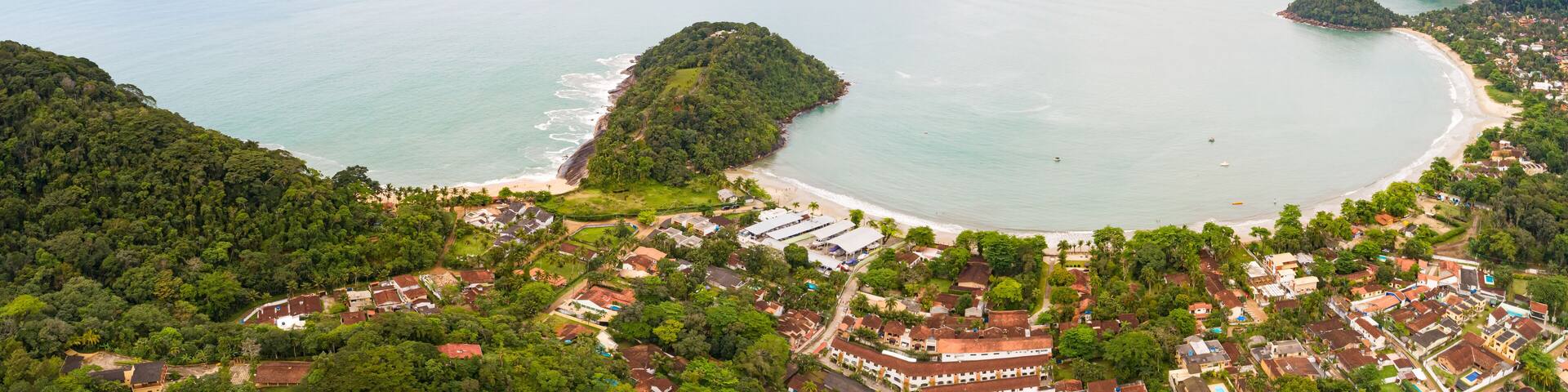 Aerial view panorama of town and Praia do Lázaro (Lazaro beach), Ubatuba, Brazil
