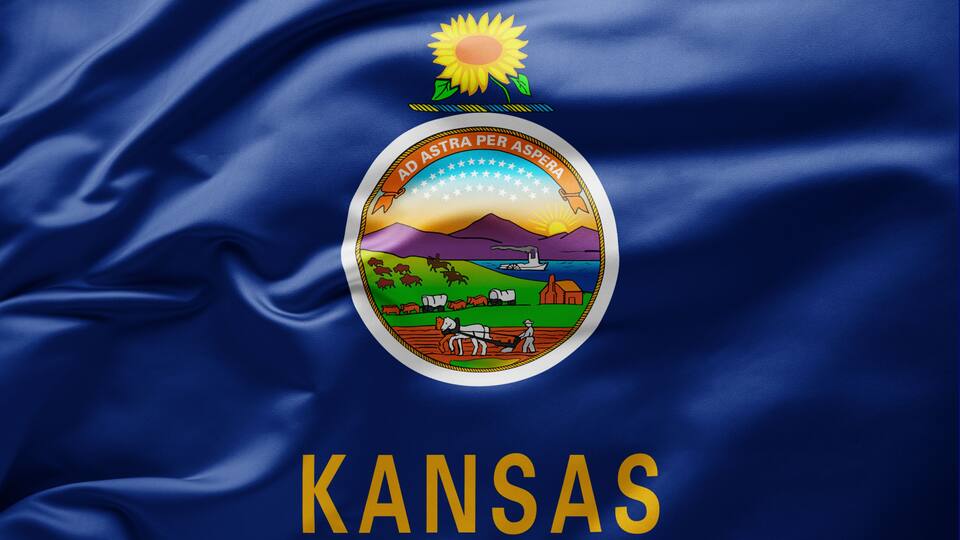 The state flag of Kansas with a central emblem featuring a sunflower, a landscape with cattle, and the state name 'KANSAS' at the bottom.