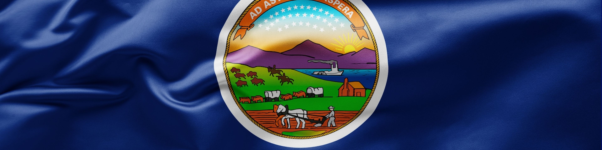 La bandera del estado de Kansas con un emblema central que muestra un girasol, un paisaje con ganado y el nombre del estado 'KANSAS' en la parte inferior.
