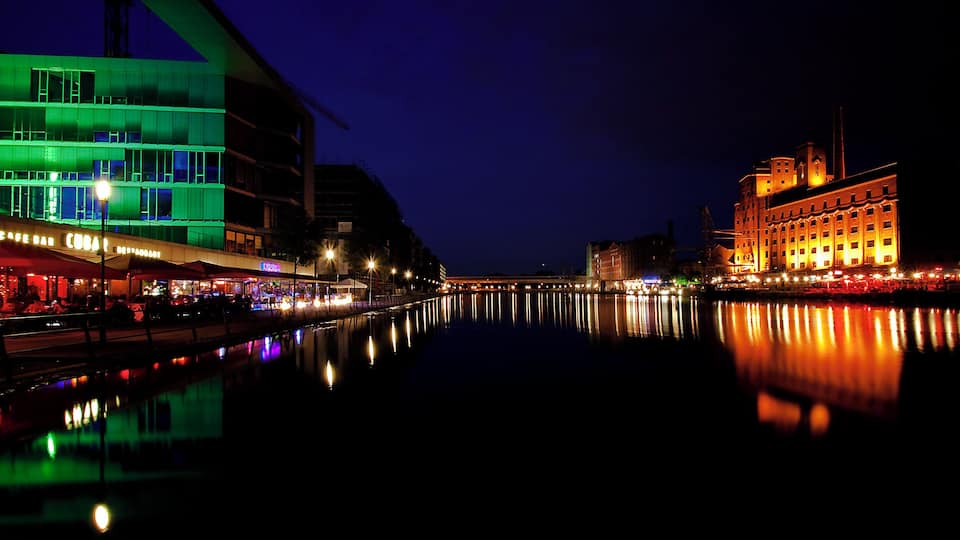 City port in Duisburg at night