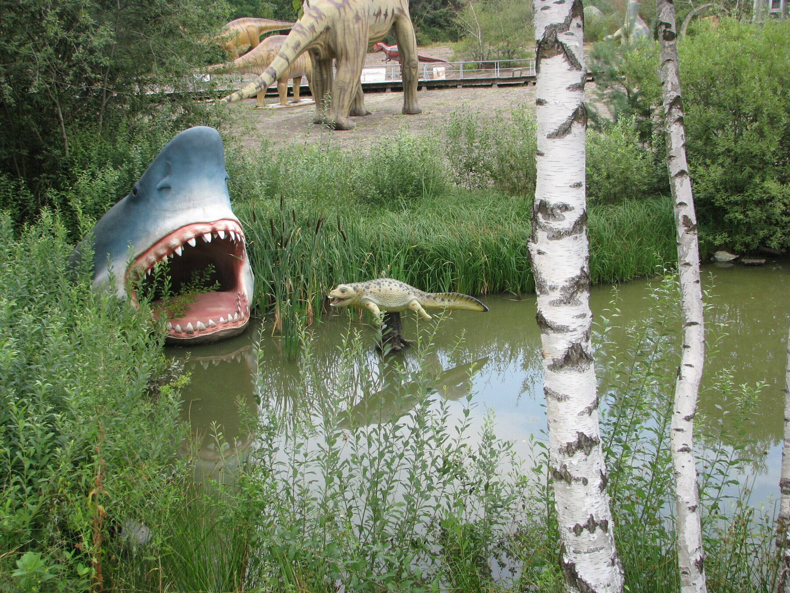 A crocodile near a birch tree and a large shark sculpture in a pond with dinosaurs in the background.