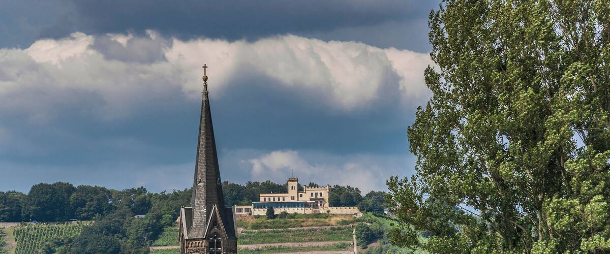 A church tower, a castle, and vineyards on a hillside under a cloudy sky.
