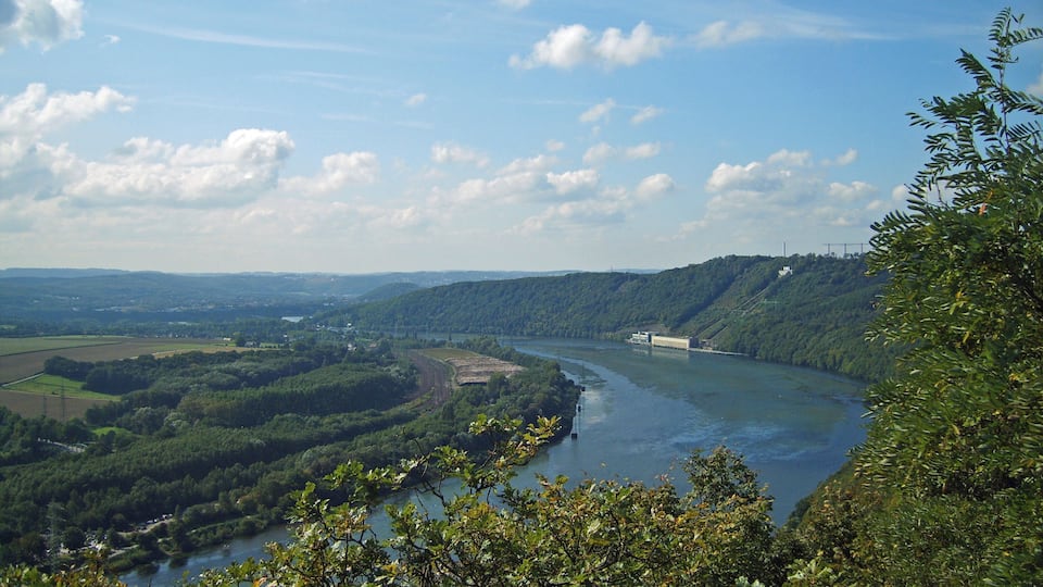 Blick von der Hohensyburg in Dortmund auf den Hengsteysee mit Elodea-Massenbestand; links vom See und den Bahngleisen das Hagener Naturschutzgebiet „Uhlenbruch“ (Waldbereich); rechts am See das Koepchenwerk