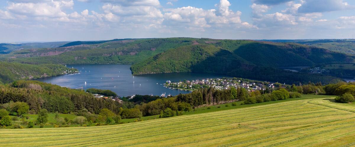 A lake surrounded by green hills, a small town, and sailboats on the water.