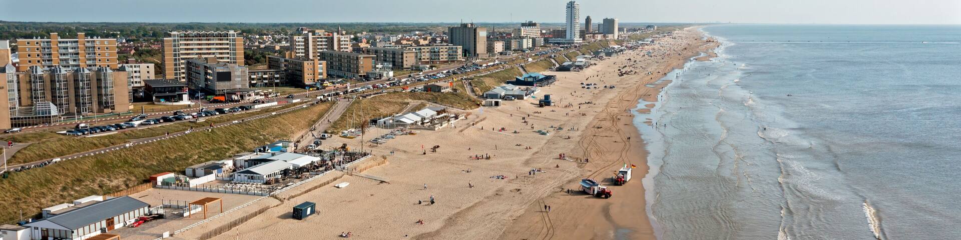 Aerial from the beach at Zandvoort at the North Sea in the Netherlands on a beautiful summer day