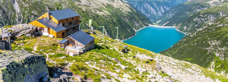 Alpine valley and mountain hut