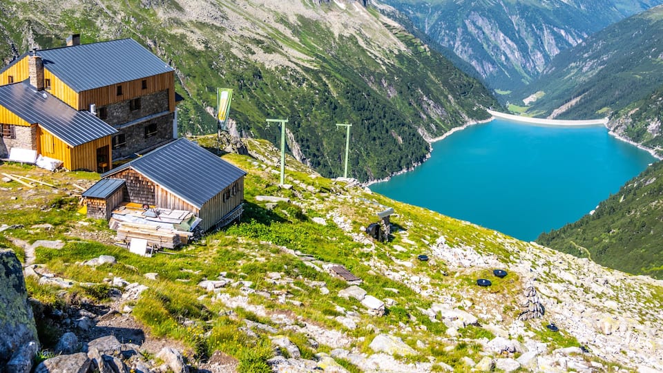 Alpine valley and mountain hut