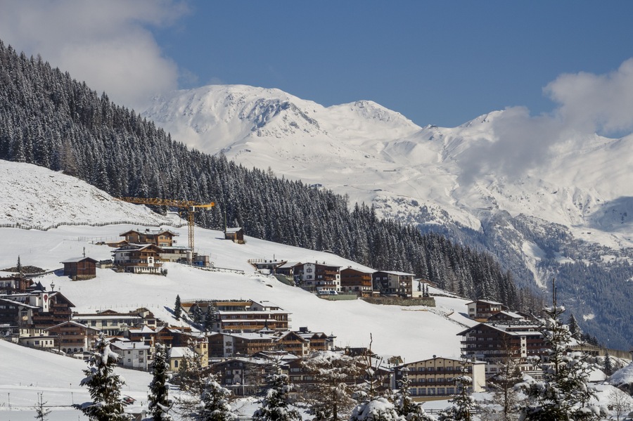 Buildings in Hintertux at the valley station of the cableway to the Hintertuxer Glacier (Tuxer Ferner) in Tyrol, Austria; Shutterstock ID 572945836
