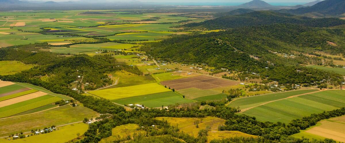 A rural landscape with fields, forests, and distant mountains.