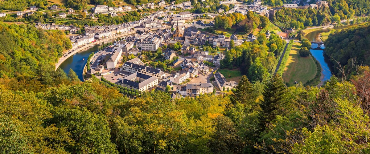 High angle view on the Village of Bouillon and the surrounding Semois river in the Luxembourg Province and Ardennes Region of Wallonia Belgium