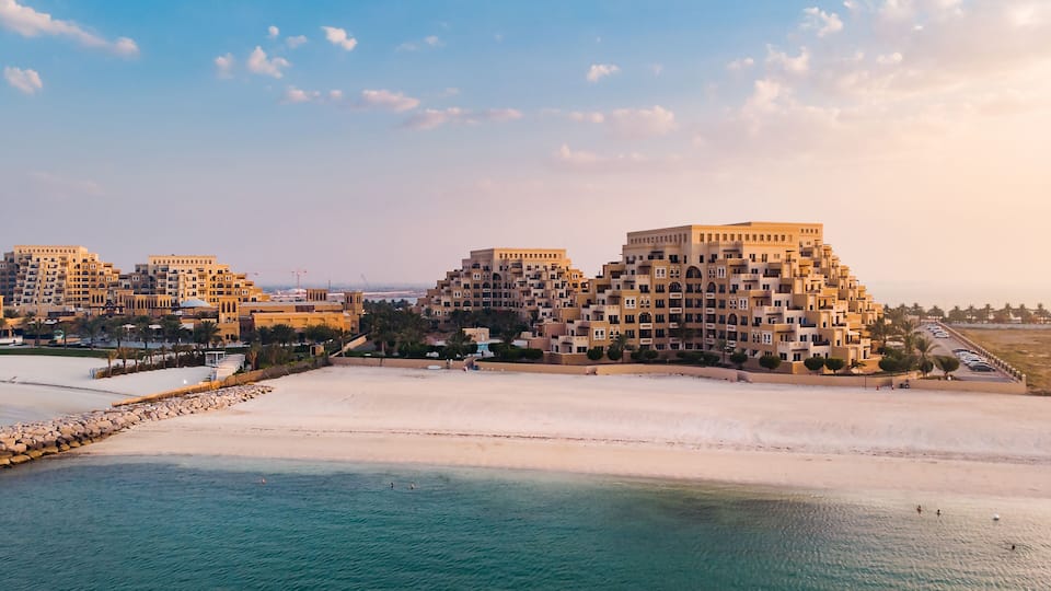 Marjan Island beach and waterfront in Ras al Khaimah emirate in the UAE aerial view