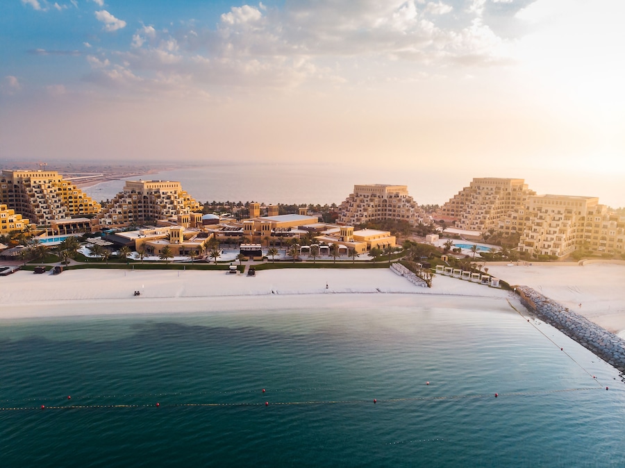 Marjan Island beach and waterfront in Ras al Khaimah emirate in the UAE aerial view