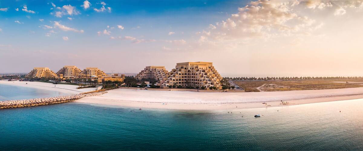 Marjan Island beach and waterfront in Ras al Khaimah emirate in the UAE aerial view