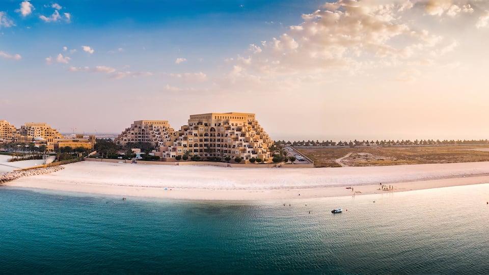 Marjan Island beach and waterfront in Ras al Khaimah emirate in the UAE aerial view