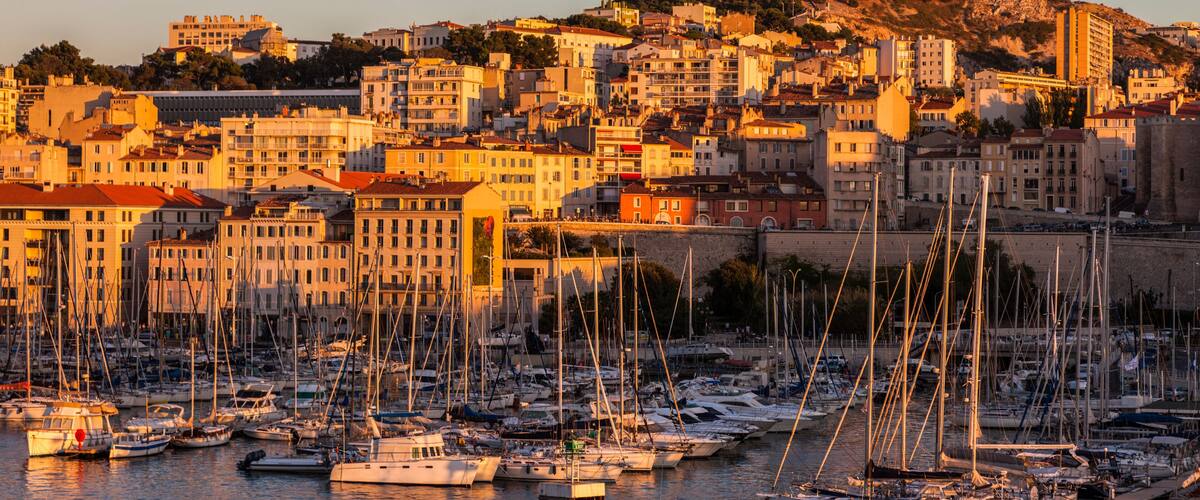 France, Provence-Alpes-Cote d'Azur, Marseille, Notre-Dame de la Garde above Vieux port - Old Port