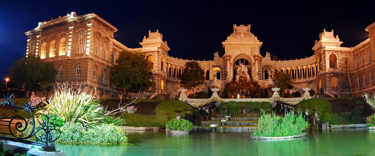The Palais Longchamp in Marseille, France, at night. Panorama stitched from 3 seperate images.