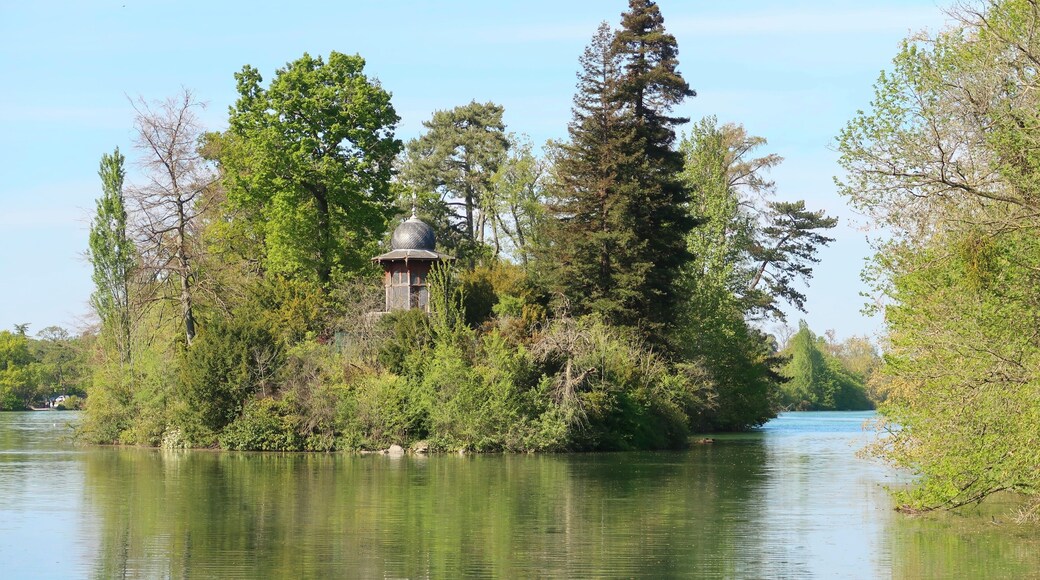 Paysage d'arbres au bord de l'eau, île du lac inférieur du Bois de Boulogne à Paris, avec le kiosque de l'Empereur (France)