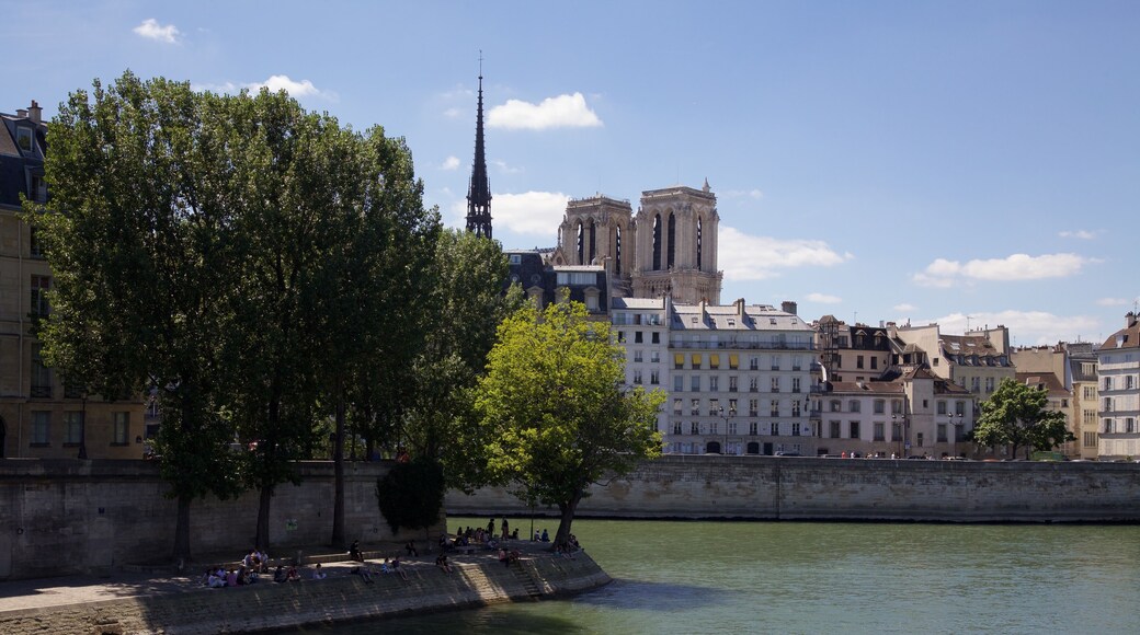 View of the River Seine from the Louis Phillip Bridge with the Île Saint-Louis (in the foreground) and the the Île de la Cité (with the towers of Notre Dame). It was a warm July day so there were several folks hiding in the shade beside the river.