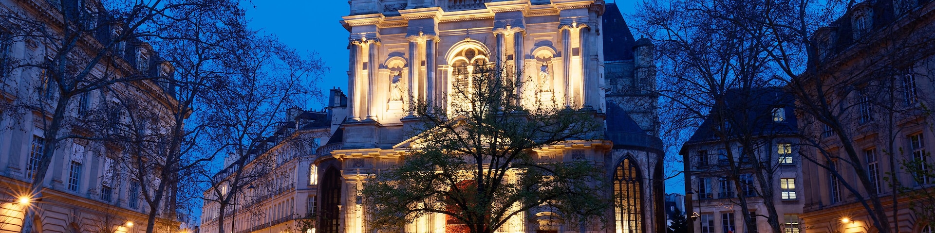 St-Gervais-et-St-Protais Church of Paris at night . It is located on Place Saint-Gervais in the Marais district, east of City Hall . Paris. France.