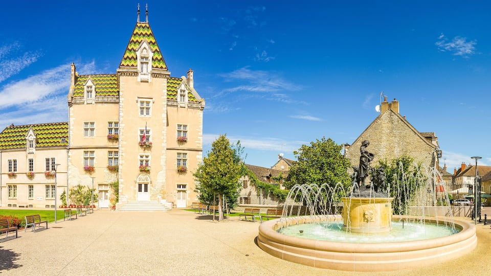 Un edificio histórico con una torre, una fuente y una estatua en una plaza pública.