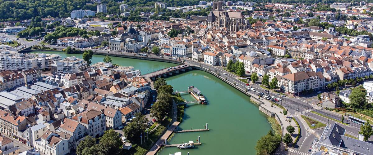 Aerial view of the Port of Meaux on the Marne river in the French department of Seine et Marne in Paris region, France