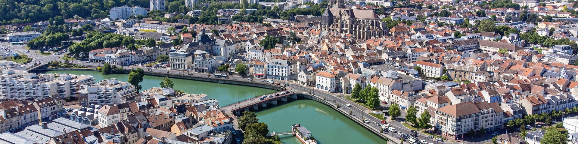 Aerial view of the Port of Meaux on the Marne river in the French department of Seine et Marne in Paris region, France
