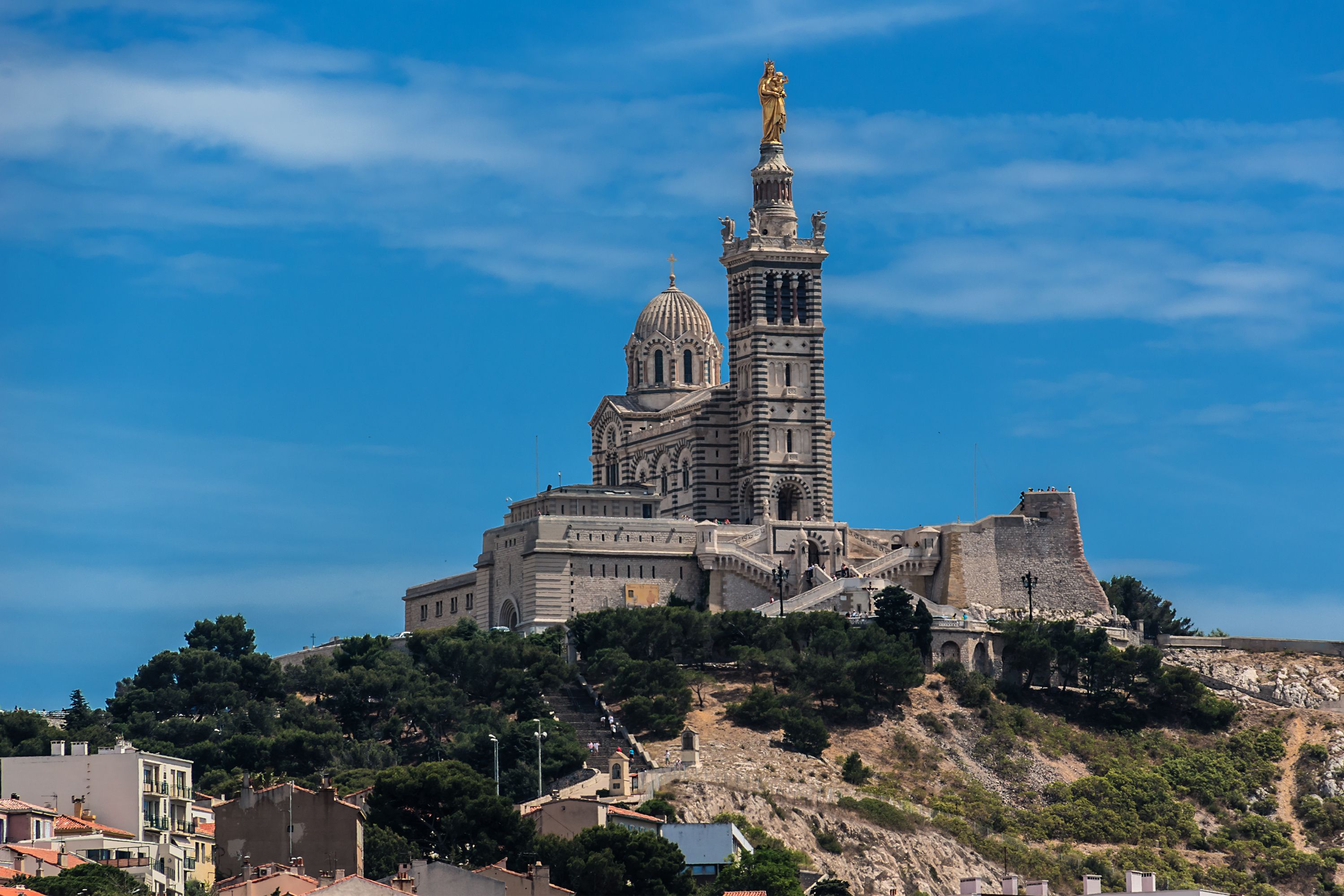 Neo-Byzantine Basilica of Notre-Dame de la Garde (Our Lady of the Guard, architect Henri-Jacques Esperandieu, 1864) in Marseille, is city's best-known symbol. Provence-Alpes-Cote d'Azur, France.