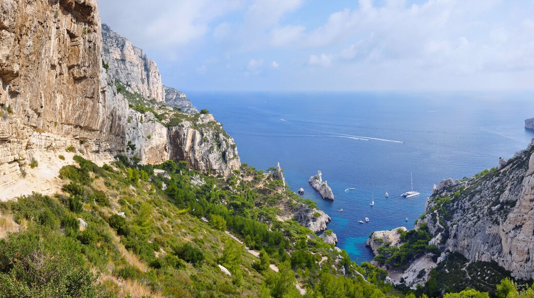 breathtaking view into the Calanque of Sugiton near Marseille, seen from a hiking trail