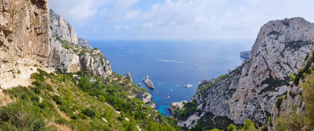 breathtaking view into the Calanque of Sugiton near Marseille, seen from a hiking trail