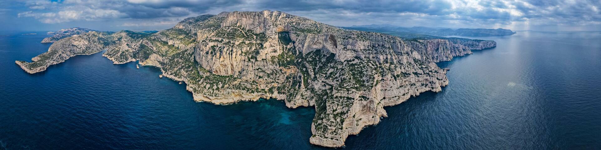 Aerial view of the Calanque de Morgiou and Port de Sormiou at the Calnques de Marseille on the Mediterranean Sea