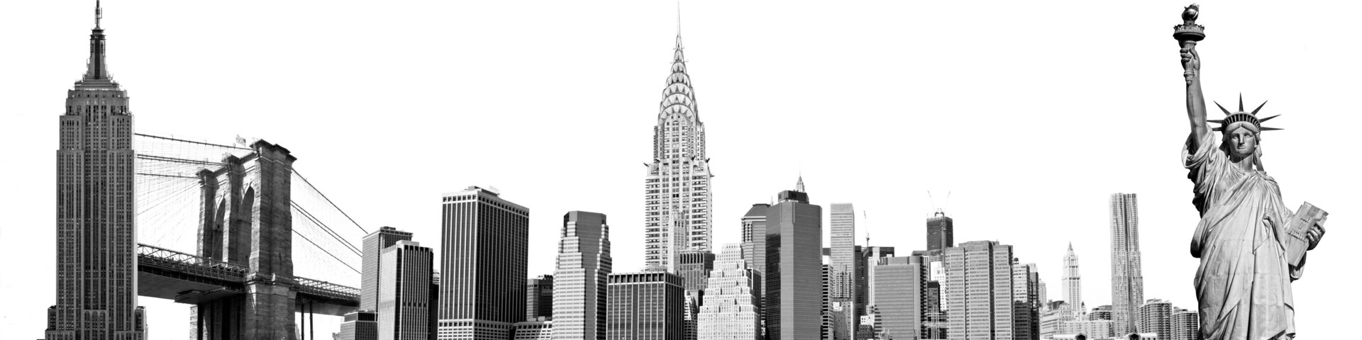 Paisagem urbana com o Empire State Building, o Chrysler Building e a Estátua da Liberdade.