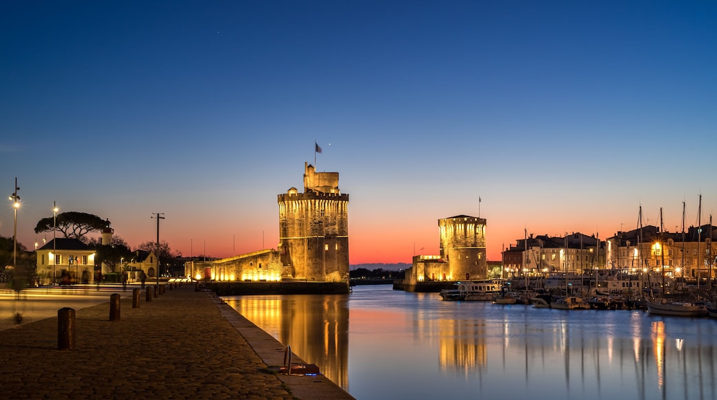 beautiful illuminated cityscape of the old harbor of La Rochelle