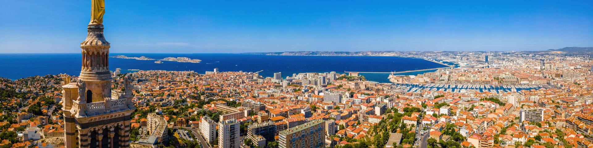 The aerial view of Basilique Notre-Dame-de-la-Garde in Marseille, a port city in southern France