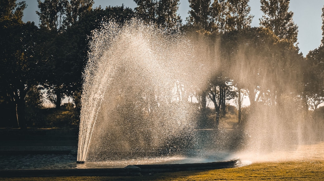 Golden sunlight sparkling through water fountain in Borely Park, Parc Borély, Marseille, Marseilles, France. Fine art summer scene of shimmering water spray