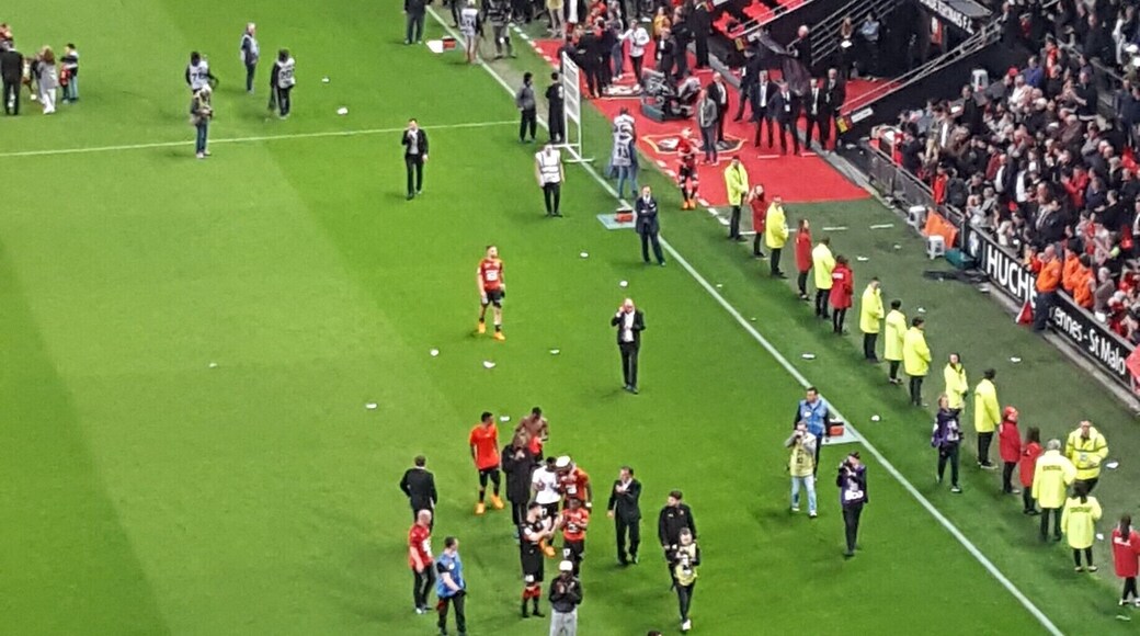 Les joueurs rennais saluent le public à l'issue de la dernière journée de Ligue 1, lors de laquelle le Stade rennais et le Montpellier HSC font match nul 1-1. Résultat qui permet au Stade rennais d'obtenir sa qualification pour la Ligue Europa 2018-2019.