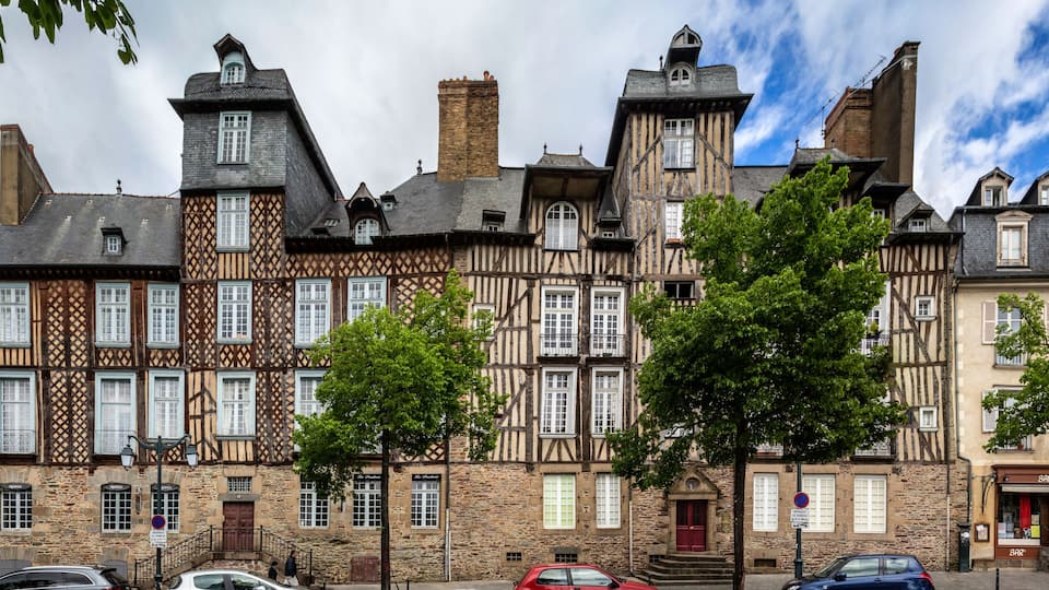 A panoramic view of the half timbered houses in the stunning town of Rennes, Brittany