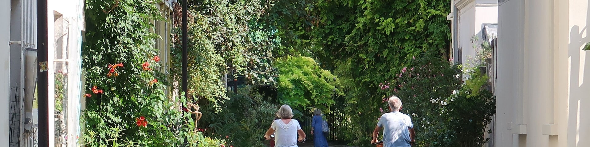 Cyclotourisme dans une ruelle végétalisée en ville, deux cyclistes séniors faisant du vélo en couple dans la verdoyante rue des Thermopyles à Paris, couverte de végétation (France)