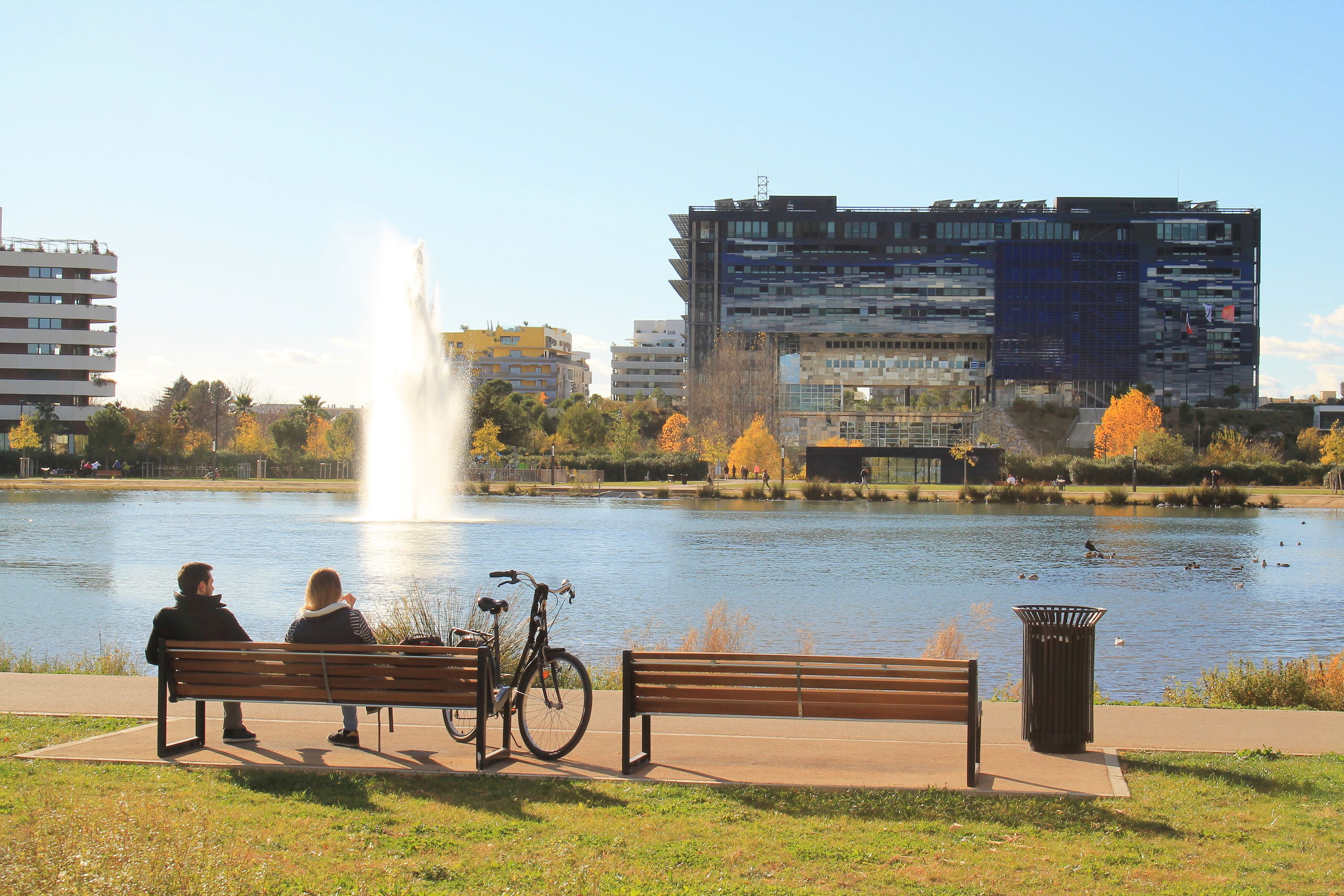 A park with a fountain, benches, a bicycle, and a lake with ducks.
