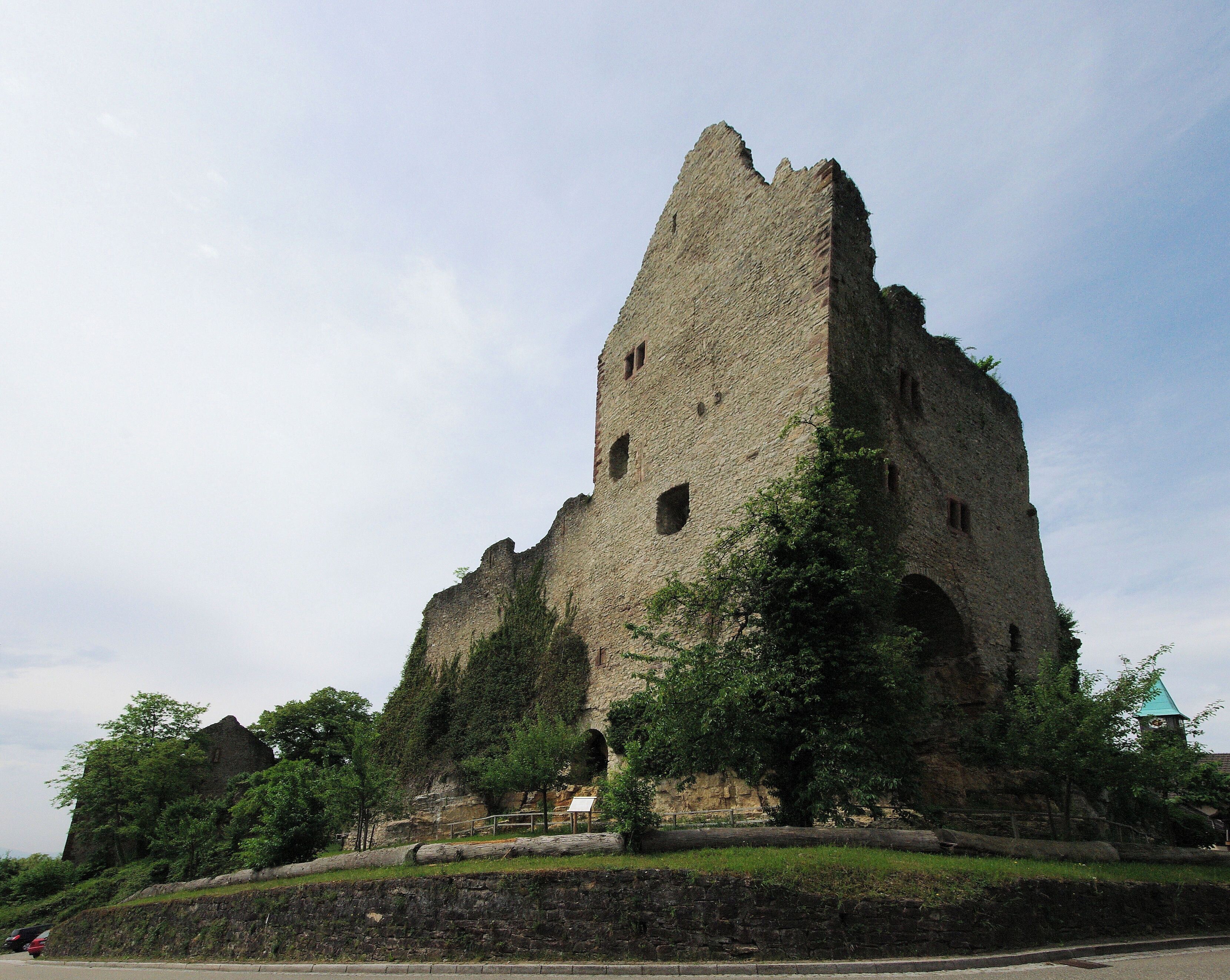 A large, historic stone castle with a tall tower, surrounded by lush greenery and a stone wall.