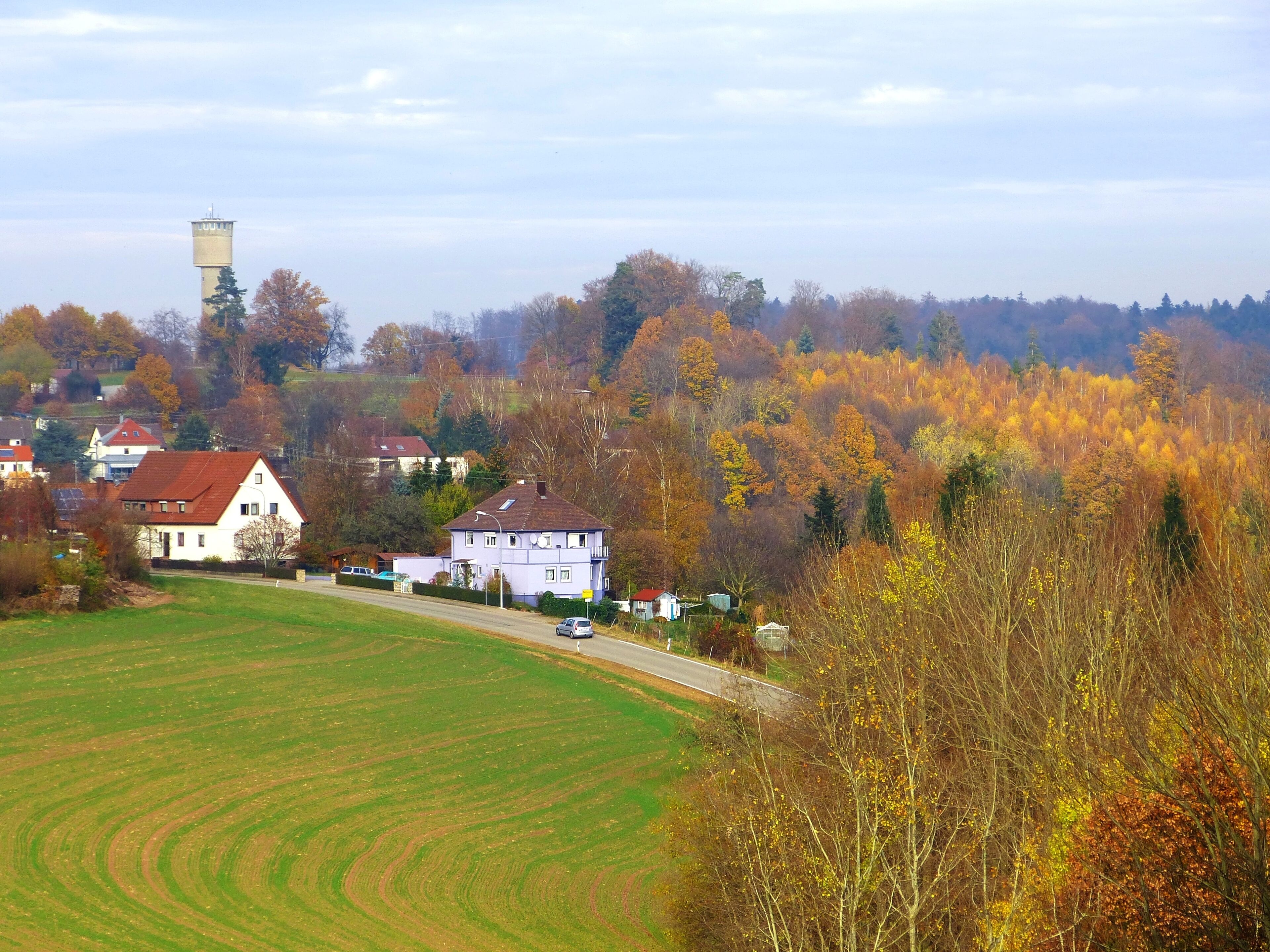 A rural landscape with houses, a water tower, and autumn-colored trees.