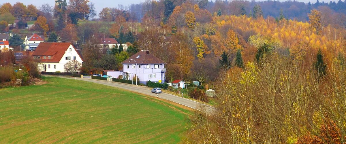 A rural landscape with houses, a water tower, and autumn-colored trees.