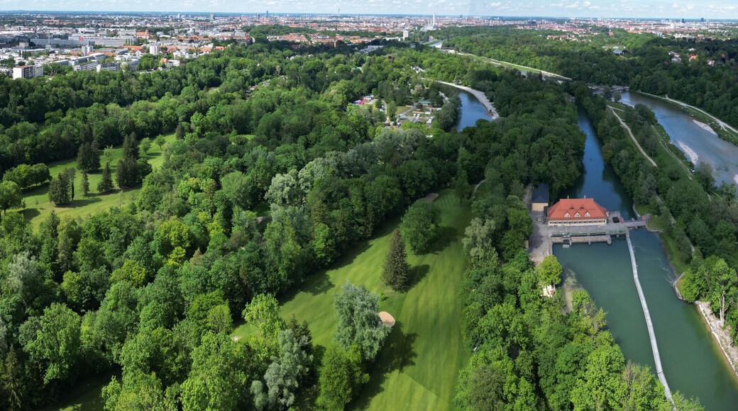 The Isar river flows into the city of Munich aerial view